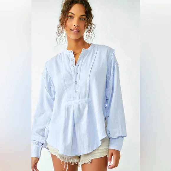 NEW Free People/We the Free Edge Washed Pin Striped Boho Style Shirt - Picture 1 of 6